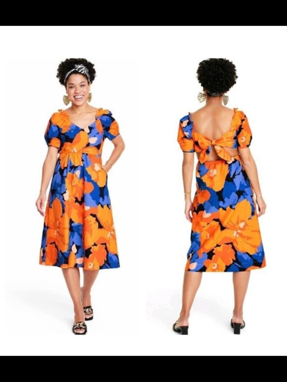 Tabitha Brown Vibrant Orange & Blue Floral Midi Dress with Bow Back